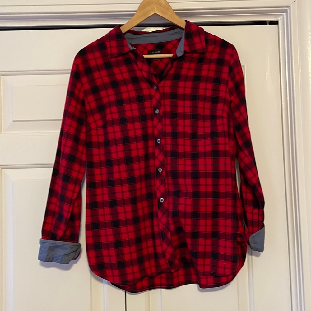 Talbots womens red/navy plaid blouse with denim cuff   women’s size medium
